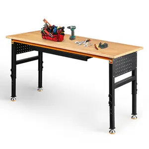 Topwin 60" Adjustable Workbench with Rubber Wood Top, Double Pegboards, and Drawer, 2000 lbs Capacity for Garage, Workshop, or Office Furniture Desk