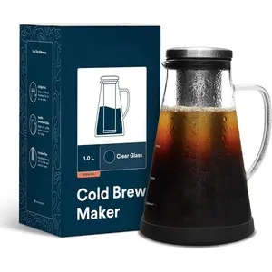 Airtight Cold Brew Iced Coffee Maker Pitcher and  Infuser with Spout - 1.0L / 34oz  RJ3 Brewing Glass Carafe with Removable Stainless Steel Filter