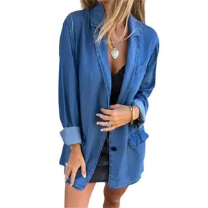 Women's Oversized Denim Jacket Vintage Long Sleeve Boyfriend Jean Jacket Fall Casual Coat Fit Womenswear