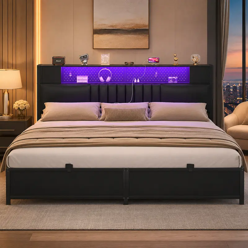 Homieasy King Size Bed Frame with Upholstered Storage Headboard and Charging Station, Luxury Cool Smart King Bed with LED Light, Black Platform Bed with Sturdy Metal Slat Support, No Box Spring Needed, Noise-Free, Black