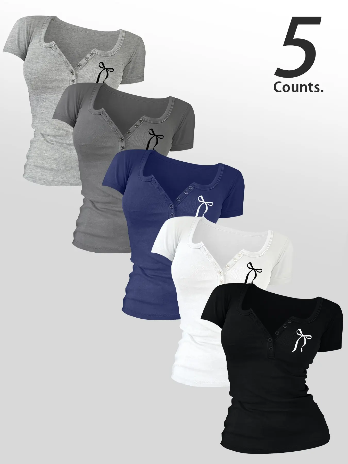 Fashion Basic Casual Aesthetic Butterfly Knot Print Short Sleeve Round Neck Women's Top T-Shirt with Buttons, Comfortable Soft Fabric for Daily Wear, 5-Piece Set