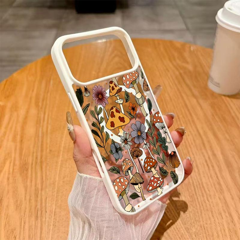 Mushroom & Wildflower Print Phone Case  Add A Touch Of Forest Charm & Playful Warmth To Your Daily Device Featuring Built-In Strong Magnet Ring Blending Smooth Macaron Texture With Secure Magsafe Compatibility For iPhone 17 16 15 14 13 12 11 X XS