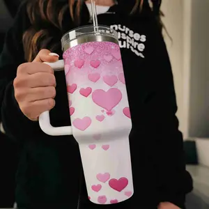 40oz large capacity car watter bottles with lid and handle, 304 stainless steel insulated tumbler - Pink Heart, suitable for car, office, travel, Winter Tumbler for Her/His, new year gifts and Valentine gifts