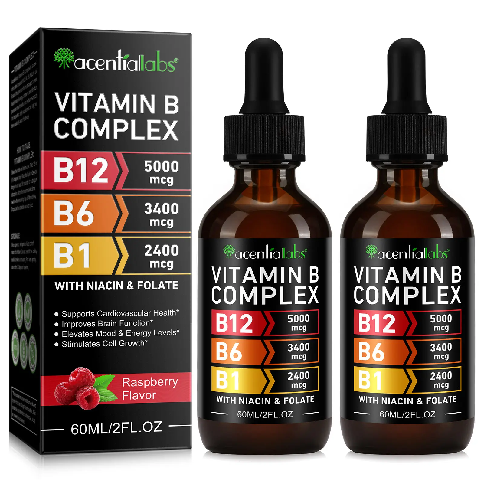 (2-PACK) Acentiallabs Vitamin B12 Liquid Supplement Drops High Potency B Complex B6 B1 Niacin Folate Raspberry Flavor Natural Energy Support Healthy Skin Gluten Free 4 Fl Oz
