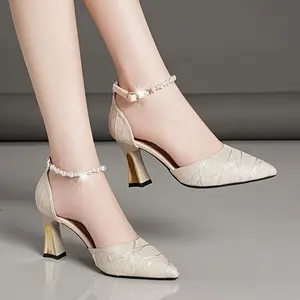 Women's Spring-Summer Rubber Heeled Sandals - Elegant Chunky Block Heel, Pointed Toe Footwear With Buckle Detail,summervibes