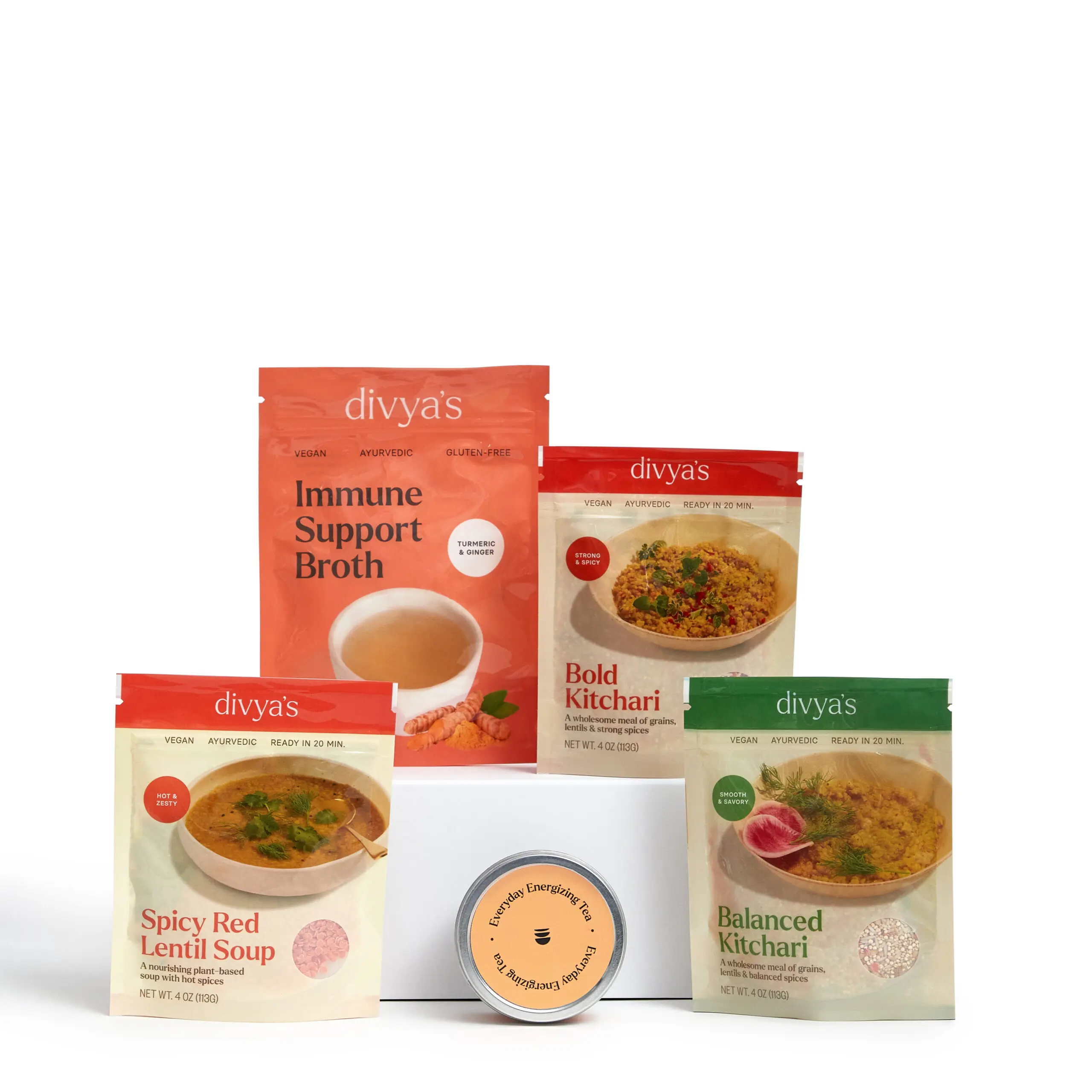 Kapha Bundle: Bold & Balanced Kitchari, Spicy Red Lentil Soup, Immune Boost Broth, and Everyday Energizing Tea