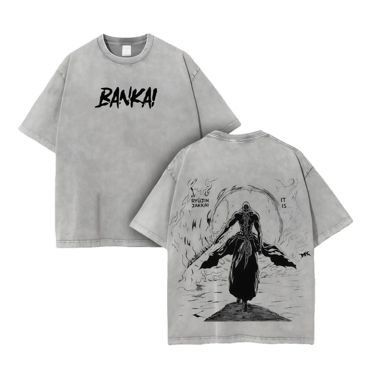 Women's Short-Sleeve Casual Oversized Top - Double Printed Shigekuni Yamamoto Anime T-Shirt, Vintage Washed Heavyweight Cotton, Bleach-Style Gift, Shortsleeve, Tshirt