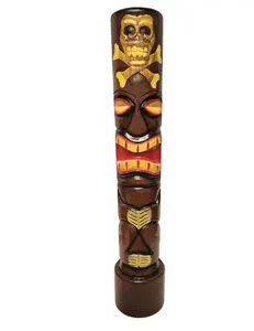 WorldBazzar Hand Carved Wood 40" Tall Tiki Totem Pole Carved Design Skull and Cross Bone
