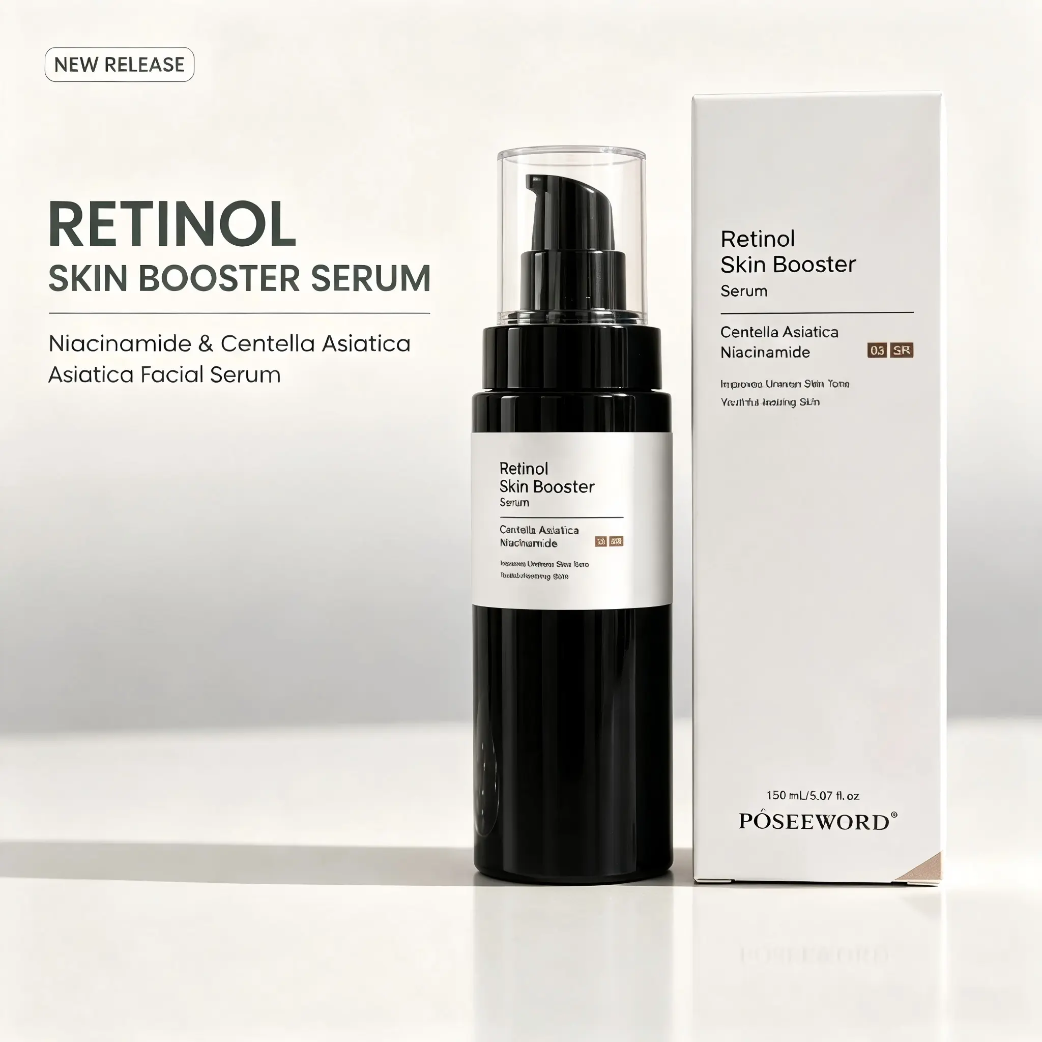 POSEEWORD Retinol Skin Booster Serum 150ml, Retinol Niacinamide Face Serum with Centella Asiatica, Evens Uneven Skin Tone, Refine Rough Texture, Minimize Enlarged Pores, Anti‑Aging Facial Treatment for All Skin Types