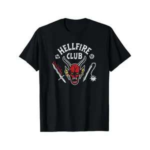 HELLFIRE CLUB Vintage Graphic Black T-Shirt - Bold White Arch Text with Demonic Face, Sword & Chain Design - Dark Gothic Horror Aesthetic Tee for Fantasy Lovers (3-13Y)