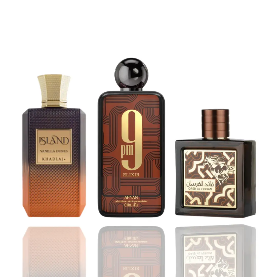 Lattafa Fragrance Gift Bundle - Multi-Scent Unisex Fragrance with Seductive Luxurious Scent Collection, 3x100ml Spray Perfume Bottles (9pm Elixir, Island Vanilla Dune, Qaed Al Fursan Untamed), Bottle-Shaped Packaged Set
