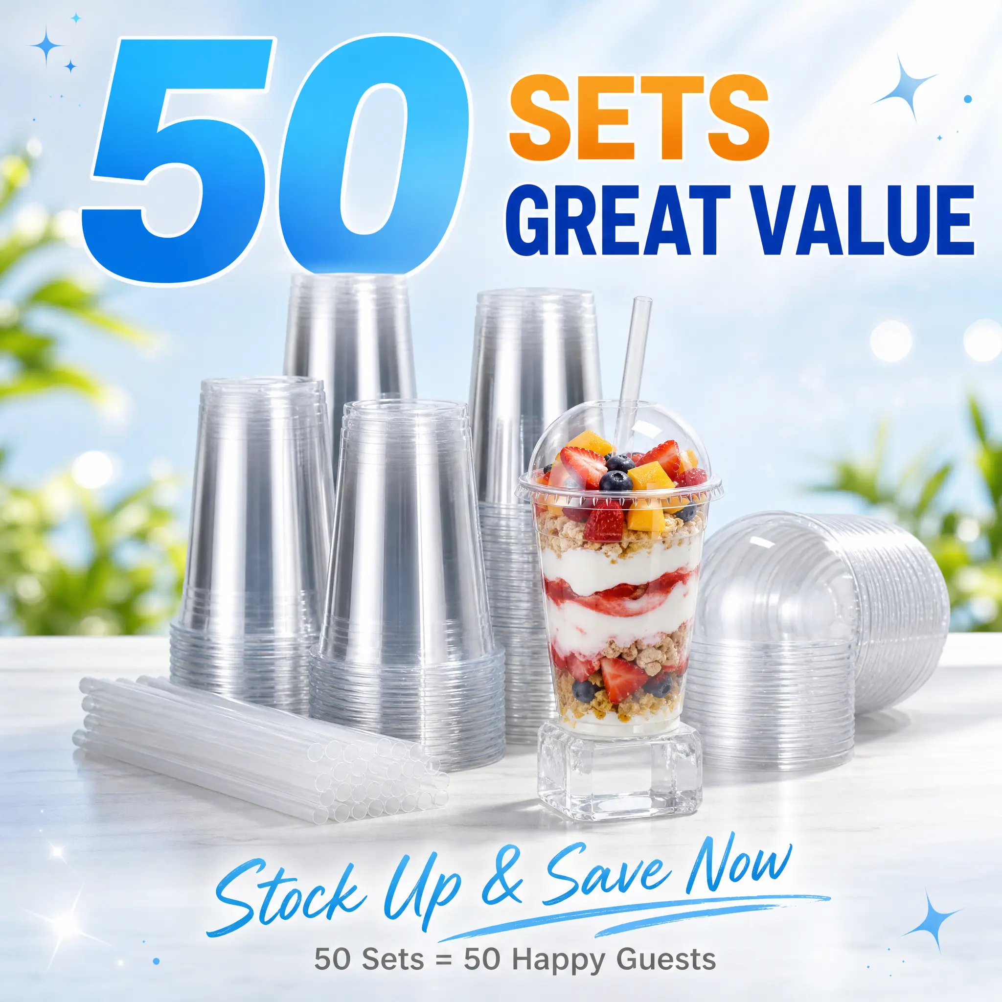 50-Pack Disposable Clear PET Dome Lid Tumblers - Multi-Size (16/20/24oz), BPA-Free, Recyclable, Leak-Resistant Cups with Straws for Boba Tea, Iced Coffee