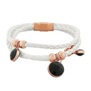 Fashion Alloy White Faux PU Leather Rose Gold-Tone Black CZ Multi-Row Layer Bracelet