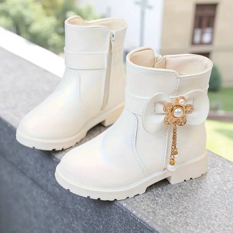 Girls' Winter Snow Boots with Bow & Rhinestone Buckle - Pink & White Lace-Like PU Upper, Warm Non-Slip Rubber Sole, Zipper Closure Mid-Calf Boots for Girls & Kids ( to) - Sparkling for Snow &