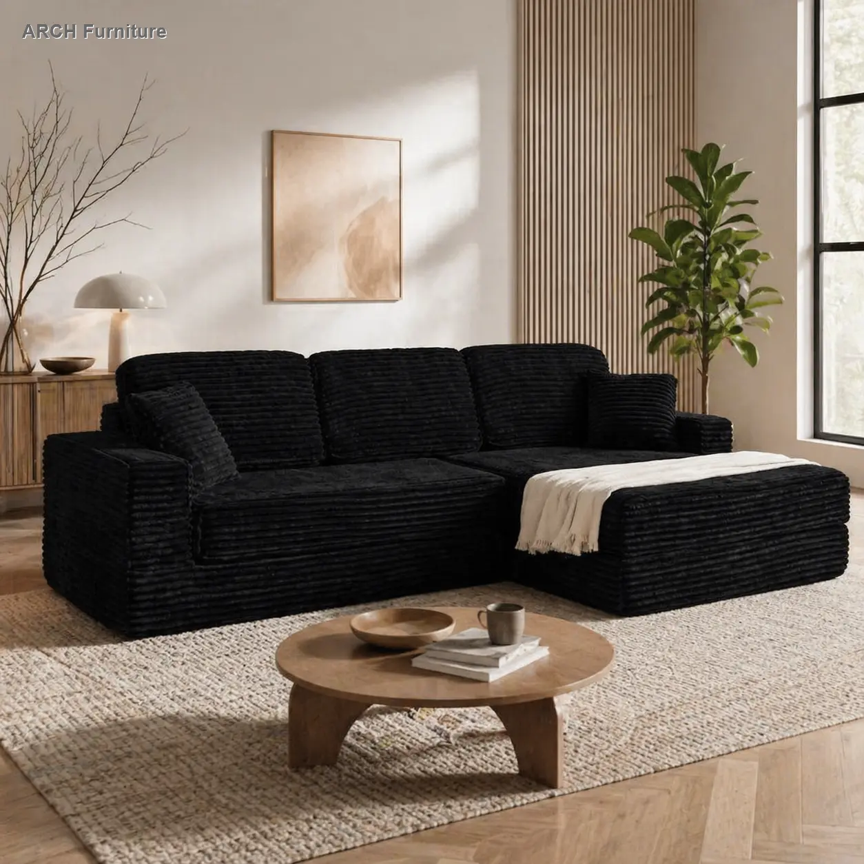 Black Modular Sofa Set - Modern Minimalist L-Shaped Right-Seat Corduroy Couch, Space-Efficient Compressed Design, Convertible Bed, Bedroom Indoor Furniture