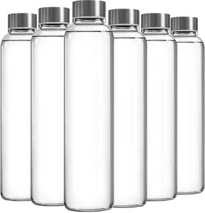 Clear Glass Bottles with Lids, 18oz Resuable Glass Water Bottles for Juicing with Stainless Steel Cap to store Milk, Smoothie, etc., 100% Leak Proof, Durable and Dishwasher Safe (Set of 6)