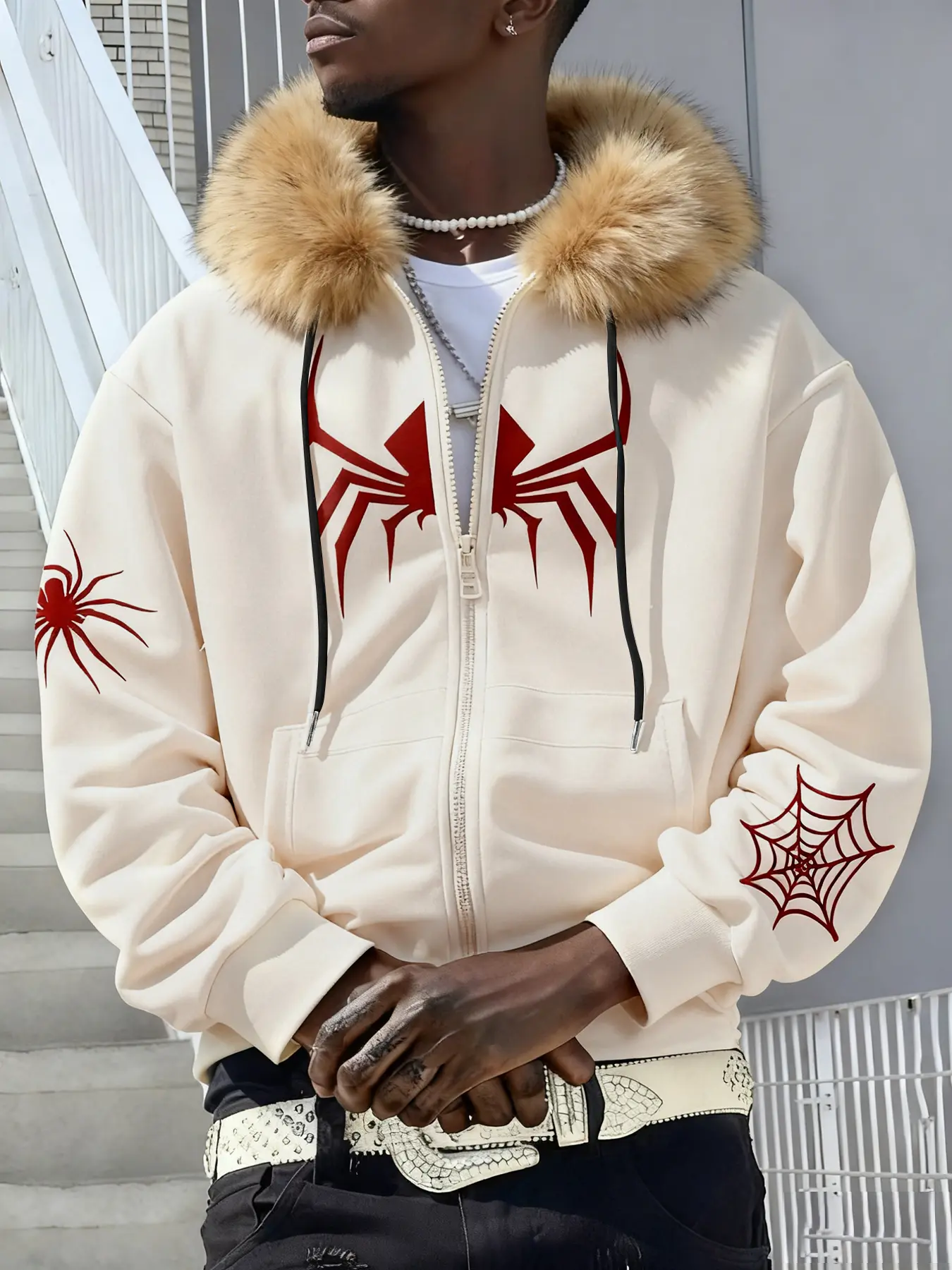 Men's Spider Web Print Fleece Hoodie with Zipper, Dark Street Style Retro Windbreaker, Casual Fall & Winter Jacket, Heavy Hoodie