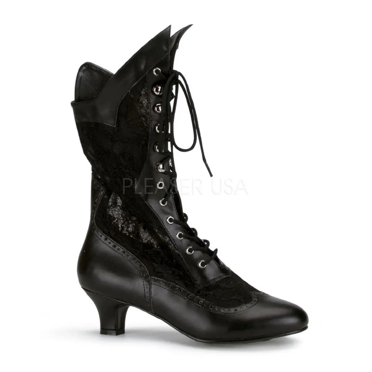 Women's Classic Victorian Decor Spat-Style Black Synthetic Leather Ankle Boots, Lace Panels, Antiqued Silhouette Costume Footwear, 2-in Heel, All Seasons
