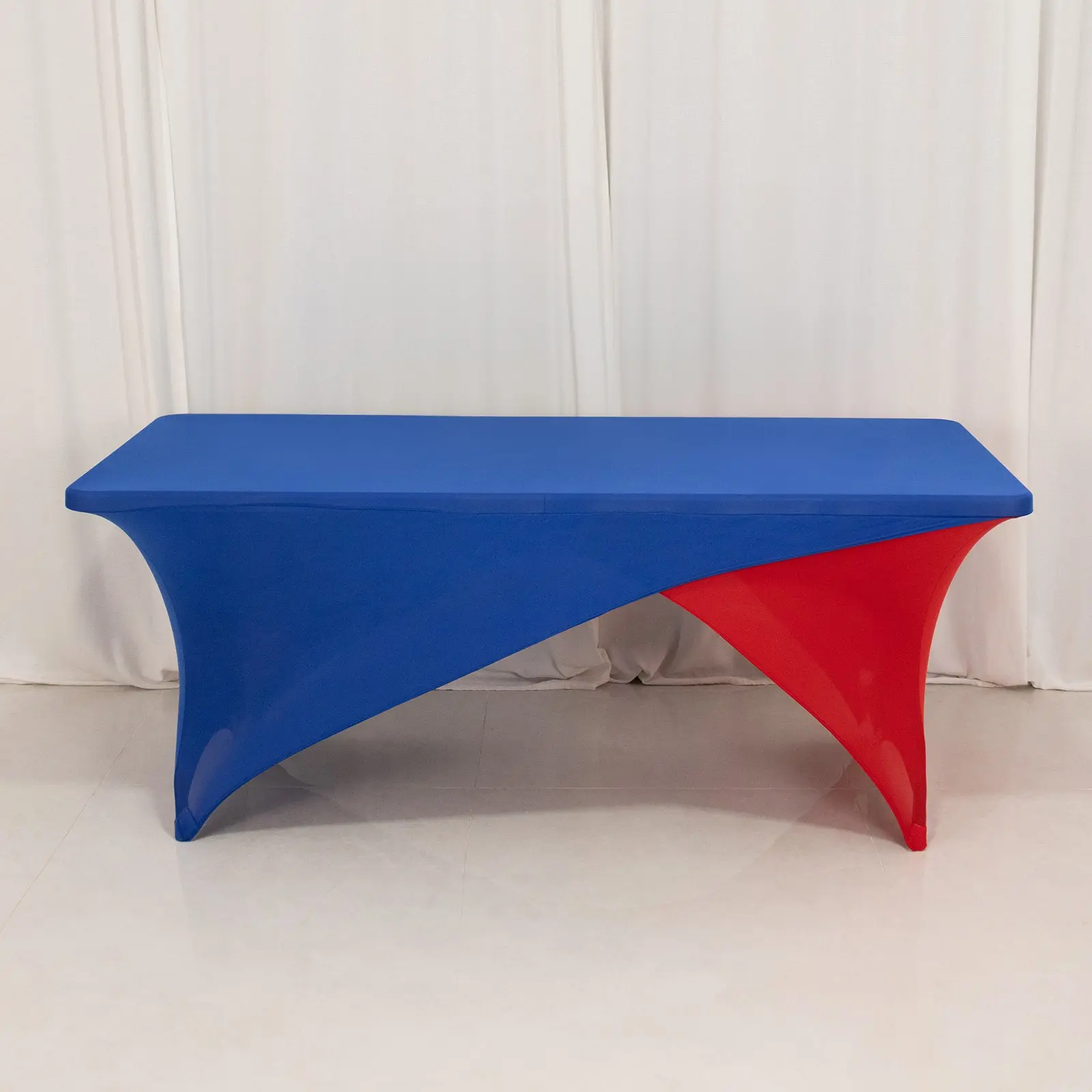 Stretch Spandex Rectangle Table Cover 72"x30" Royal Blue/Red - Cross Over Two-Piece Fitted Tablecloth