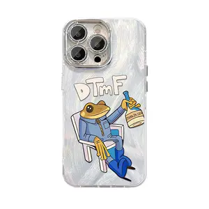 Frog Raising a Glass Pattern Phone Case for iPhone 11/12/13/14/15/16/17 Pro Max,17Air,14/15/16 Plus,X,&XS Max; feather-veil texture design, anti-fingerprint, lens film & full-body drop protection.
