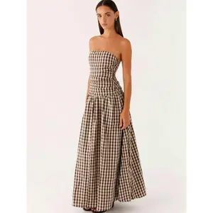 Women Tube Long Dress Ruched Boat Neck Backless Sleeveless Strapless Flowy Dresses