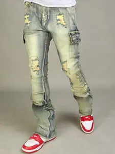 Men's Streetwear Hip-Hop Patchwork Denim Jeans, Vintage Loose Fit Flare Jeans, Casual Youth Fashion, All Seasons Wear