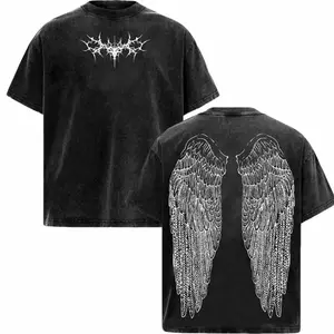 Y2K Gothic Wing Hoodie – Dark Oversized Vintage Hoodie | Washed Wing Graphic T-Shirt for Grunge Streetwear & Anime-Inspired Fashion