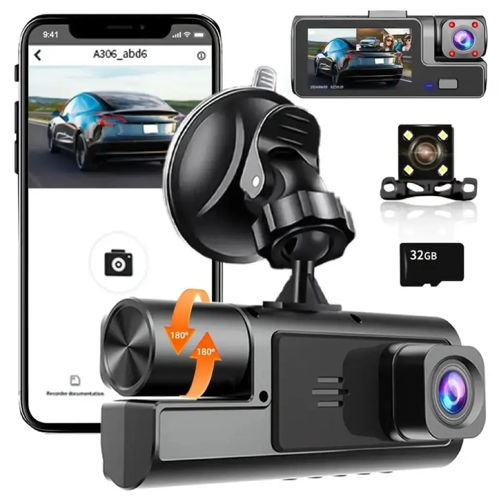 (New)HD 1080P Triple Dash Cam with WiFi, Front & Inside & Rear Car Camera with 32GB TF Card, Night Vision, Gravity Sensor, Loop Recording Car Camera, Dashcam for Cars