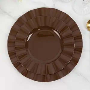 10-Pack Plastic Round Dinner Plates 9" Cinnamon Brown Ruffled Rim with Gold Edging - Heavy Duty Disposable Dinnerware