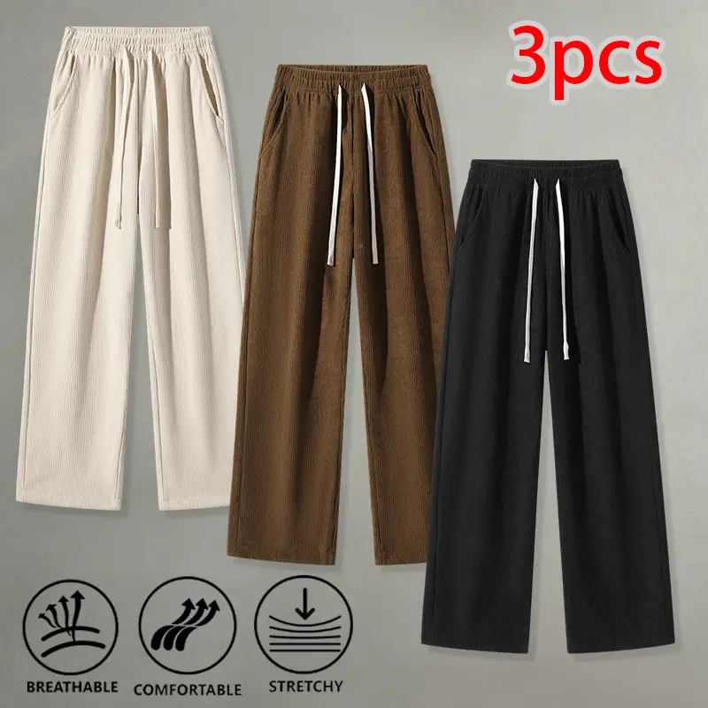 Men's 3-Piece Corduroy Wide-Leg Trouser Set - Plain Black, Navy Blue, Coffee Brown, Loose Drawstring Casual Bottoms for Everyday Wear, Black + Navy Blue + Coffee Brown (Three Pieces)