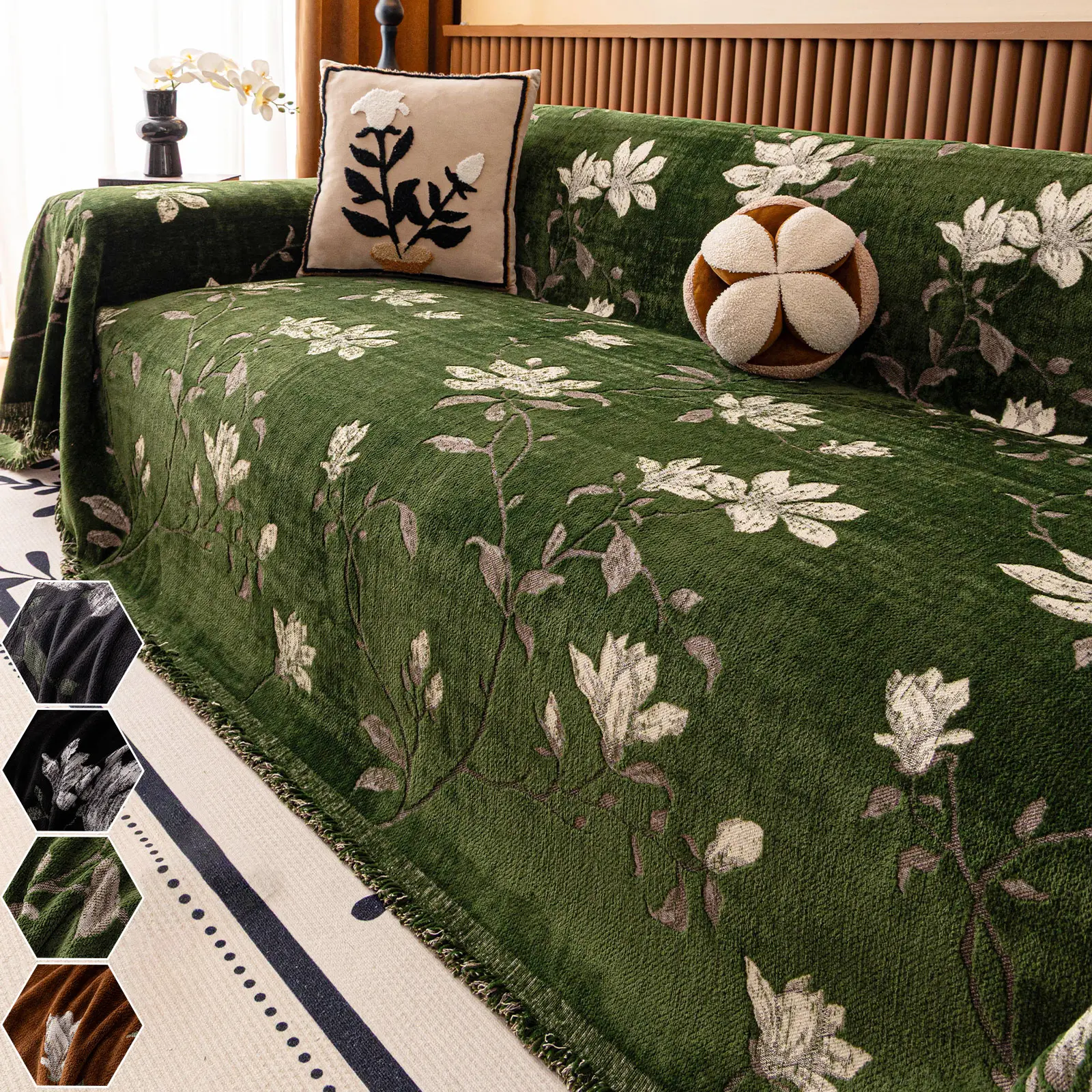 Vintage Jade Flower Chenille Sofa Cover, Sofa Slipcover, Non-Slip Full Coverage Pad, All-Seasons Decorative Throw Blanket, Sofa Couch Covers, 1pc