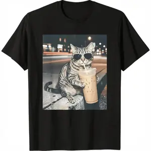 Men's cat drinking iced coffee Graphic T-Shirt - Short Sleeve Crew Neck Regular Fit Casual Wear |   Soft & Breathable Fabric, Durable Print, Everyday Comfort, Machine Washable