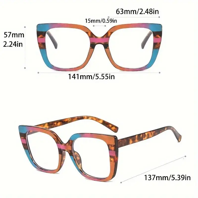 Unisex Full-Rim Square Frame Casual Eyeglasses - PC Plastic Non-Prescription Fashionable Frames, 2-Tone Color Block Leopard Print Chain Decor for Daily & Formal Wear, Fashionable Frames Glasses
