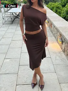 Women Solid Off the Shoulder Crop Top & Bodycon Midi Dress 2 Piece Set Stretchy Sexy Club Party Outfit Womenswear 2 Piece Sets