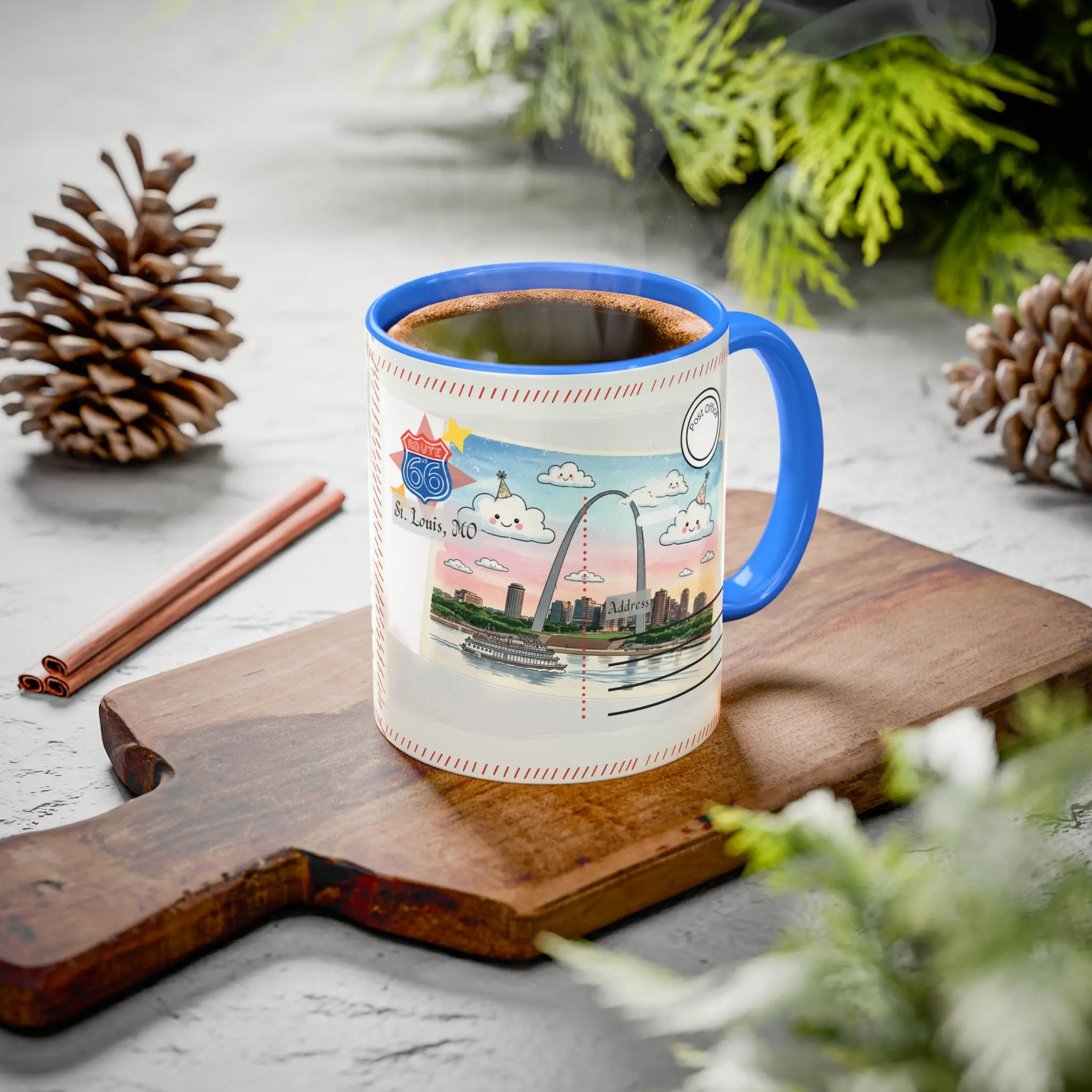 Route 66 St. Louis Cute Ceramic Mug - Glossy, Colorful Design, Handled, Vintage Kitchenware Drinkware, Travel Souvenir Gift for Coffee Lovers, Washable, Cute Mugs