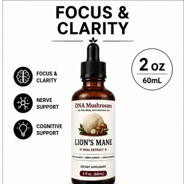 Lion's Mane Dual Extract Liquid Tincture - Brain Health Supplement for Adults, DNA Mushrooms, Cognitive Function & Brain Health Support, Gluten-Free, 30 ml, Antioxidant Benefits, Focus Enhancement