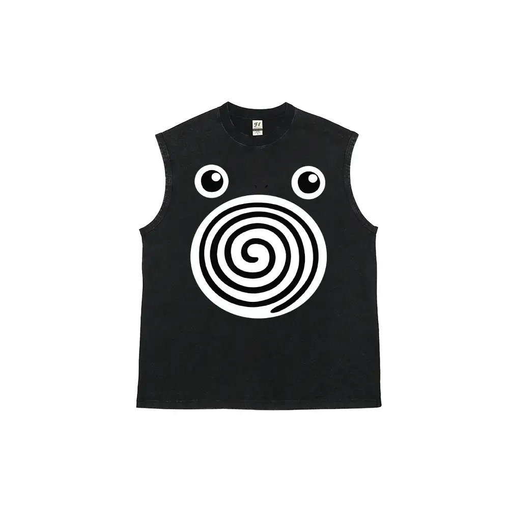 Men's Retro Comfortable Pure Cotton Soft Anime-Inspired Graphic Vest, Unisex Pocket Monsters Washed Everyday Clothes with Spiral Big Eyes Cartoon Art Pattern,summerwins,father'sdaygifts