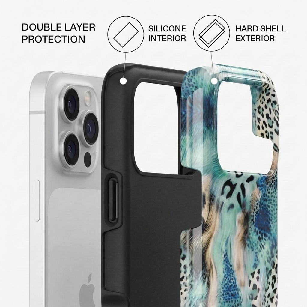 Watercolor Teal Mixed Animal Print Phone Case for iPhone 17 Pro Max, Blue Leopard Coastal Aesthetic Shockproof Cover for Iphone 17 Promax, 17 Pro