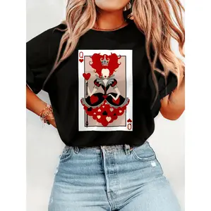 Polyester Regular Fit Women's Queen of Hearts Graphic Tee, Casual Knit Short Sleeve T-Shirt, Bold Cartoon Design, Round Neck, All-Season Fashion Top