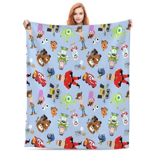 DISNEY CLASSIC Pixar Characters Pattern Throw Blanket – Cartoon Style on Soft Blue Background, Perfect for Fans of Pixar Movies