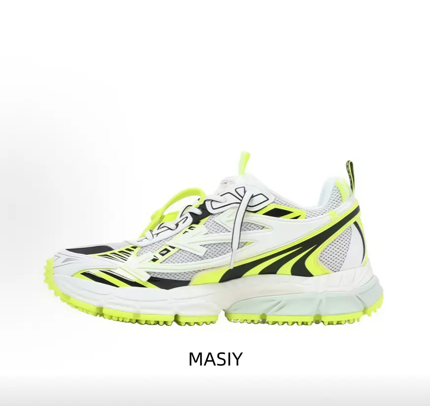 Trendy functional dad sneakers with breathable mesh upper matched with striking fluorescent green accents. Sporty sharp look, cushioned thick sole brings cozy support for daily walks and street fashion outfits.