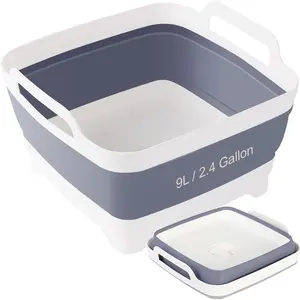 Collapsible Dish Basin & Sink Tub with Drain Plug, 2.4 Gal Baby Bottle Wash Bin for RV Camping Kitchen, Collapsible Water Bottle Basin (Grey)