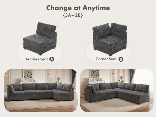【DIY Combination】Ovios Modular Sectional Sofa, Mix and Match Pieces for Living Room, Comfy Cloud Couches with Movable Ottoman, L/U-Shaped Flexible Configuration, Plush Corduroy - 400 lbs Seat Capacity