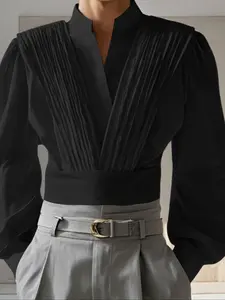 INCERUN Men Shirt Solid Color V Neck Long Sleeve Pleated Men Clothing Streetwear Loose Spring Autumn Fashion Casual Tops Camisas Workwear