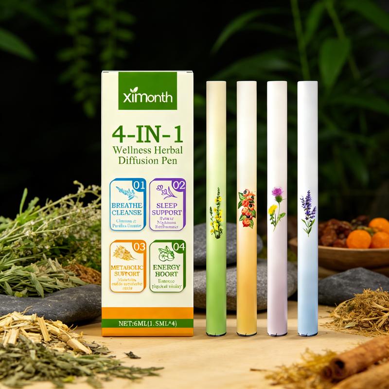 4-in-1 Herbal Diffusion Pen Set - Breathe Sleep Energize Restore Naturally with Eucalyptus Mint Lavender Chamomile Ginger Ginseng Citrus Rosemary