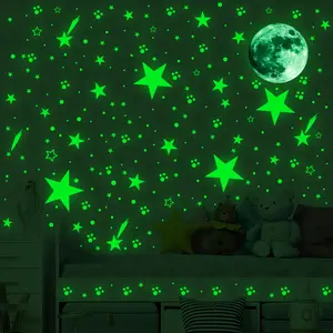 4pcs Fluorescent Green, Glow in the Dark Night Light Moon Star Wall Stickers Space Theme Decorative Stickers Peel and Paste Removable Wall Stickers Living Room, Bedroom, Bathroom Decoration, Self Adhesive Removable PVC Material