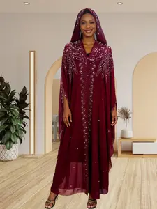 Elegant Muslim Crystal Embroidered Spring Robe, Loose Fit Blouse with Flared Sleeves, Trendy Shawl for Middle East Africa Southeast Asia