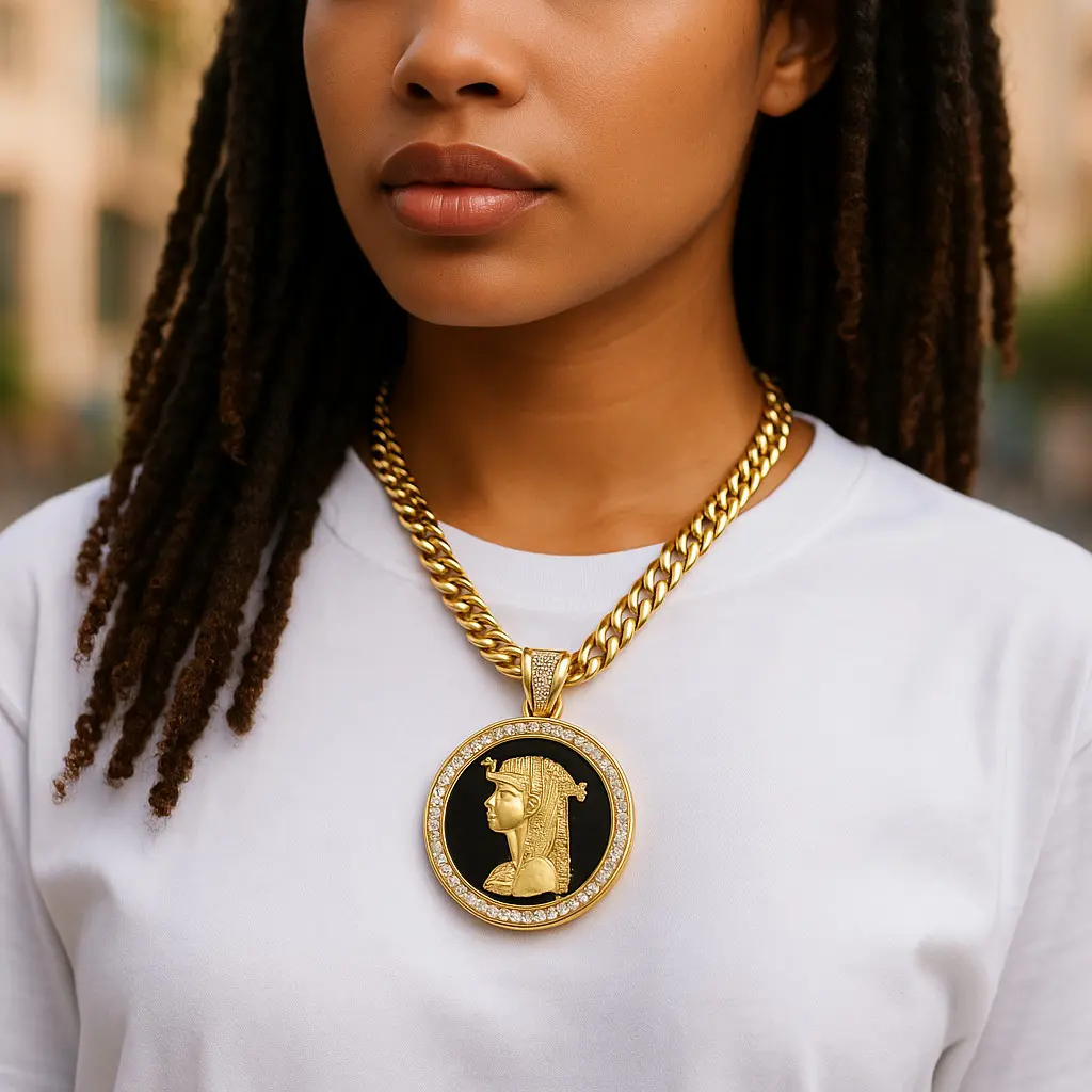 MaxBling81 Hip Hop Cleopatra Medallion Necklace, Unisex Gold-Plated 10mm Cuban Chain & Link, Casual Glossy Polished Long Pendant 18"-30", Metal Coating