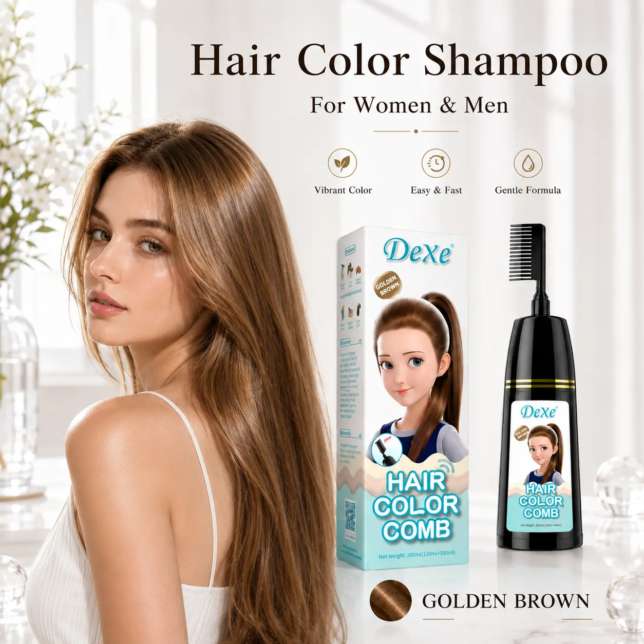 Home Use Integrated Comb Semi-Permanent Hair Dye Cream - Plant Essence, Mild, No Damage, Long-Lasting Fade-Resistant, Ash Brown & Ash Blonde Highlights Color Fixation Haircolor Haircare