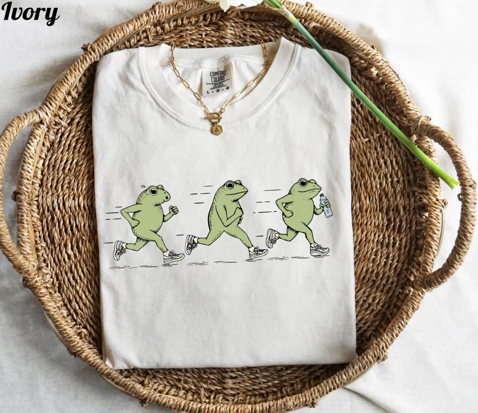 Running Frogs Sneakers Water Bottle Graphic T-Shirt Cottagecore Jogging Frog Comfort Colors Casual Tee